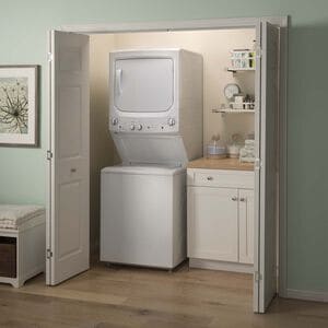 GE 27 in. Laundry Center with 3.9 cu. ft. Washer with 12 Wash Programs & 5.9 cu. ft. Electric Dryer with 4 Dryer Programs & Wrinkle Care - White, White, hires