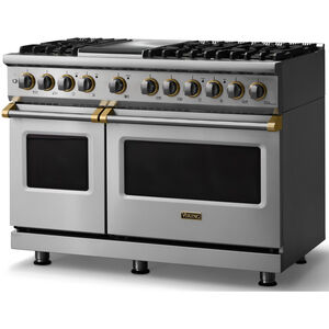 Viking 5 Series 48 in. 7.3 cu. ft. True European Convection Double Oven Dual Fuel Range with 6 Sealed Burners & Griddle - Stainless Steel - Natural Gas, Brushed Brass Trim Option, , hires