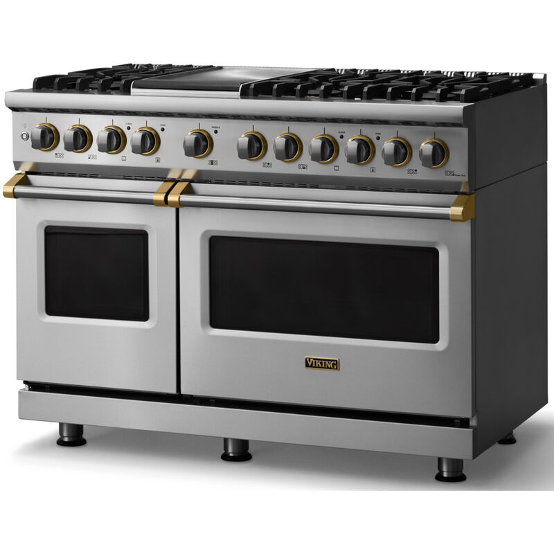 Viking 5 Series 48 in. 7.3 cu. ft. True European Convection Double Oven Dual Fuel Range with 6 Sealed Burners & Griddle - Stainless Steel - Natural Gas, Brushed Brass Trim Option, , hires