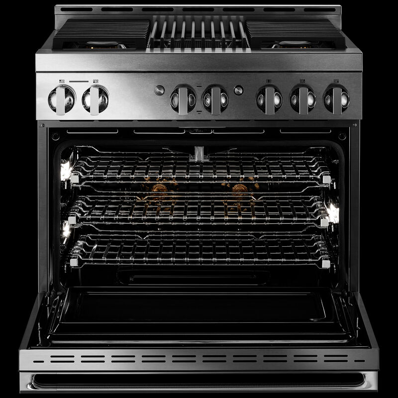 JennAir Noir Series 36 in. 5.1 cu. ft. Smart True European Convection Gas Range with 4 Sealed Burners & Grill - Stainless Steel, , hires