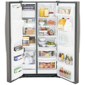 GE 36 in. 25.3 cu. ft. Side by Side Refrigerator with Ice & Water Dispenser - Fingerprint Resistant Slate, Slate, hires