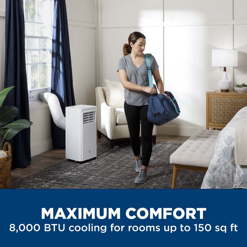 GE 8,000 BTU (5,300 BTU DOE) Portable Air Conditioner with 2 Fan Speeds, Sleep Mode and Remote Control - White, , hires