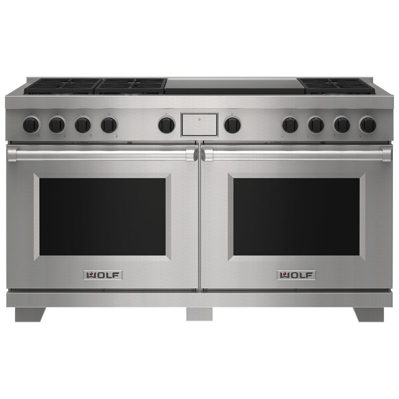 Wolf 60 in. 9.6 cu. ft. Smart Convection Double Oven Freestanding Dual Fuel Range with 7 Sealed Burners & Griddle - Stainless Steel, , hires