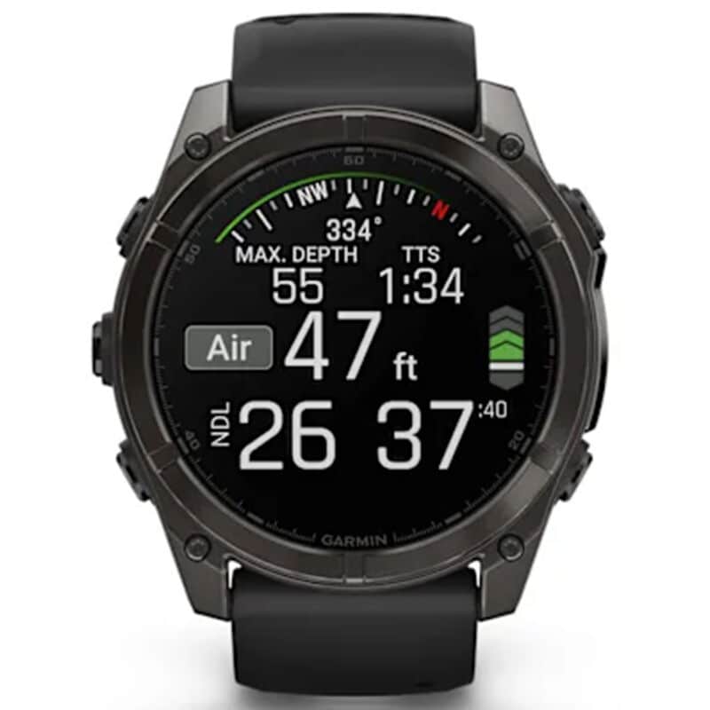 Garmin f nix 8 51 mm, AMOLED Smart Watch - Sapphire, Carbon Gray DLC Titanium with Black/Pebble Gray Silicone Band, , hires