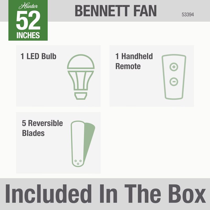 Hunter Bennett 52 in. Low Profile Ceiling Fan with LED Light Kit and Remote - Brushed Nickel, Brushed Nickel, hires