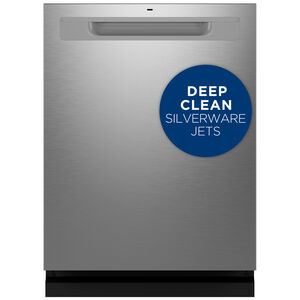 GE 24 in. Top Control Flush-Mount Dishwasher with 45 dBa Sound Level, 3rd-Rack, Dry Boost & Pocket Handle - Fingerprint Resistant Stainless, Fingerprint Resistant Stainless, hires