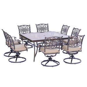 Hanover Traditions 9-Piece 60" Square Glass Top Dining Set with Swivel Rocker Chairs - Tan, , hires