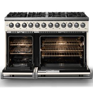 Viking 5 Series 48 in. 7.3 cu. ft. True European Convection Double Oven Dual Fuel Range with 8 Sealed Burners - Pure White - Natural Gas, Polished Chrome Trim Option, , hires