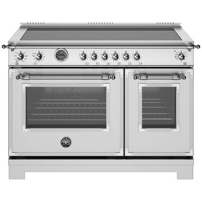 Bertazzoni Heritage Series 48 in. 7 cu. ft. Air Fry Dual Convection Double Oven Electric Range with 6 Induction Burners & Griddle - Stainless Steel | HER486IGEPXT