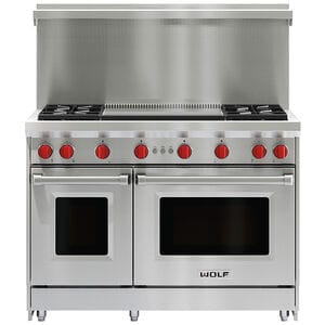 Wolf 48 in. 6.9 cu. ft. Standard Convection Double Oven Gas Range with 4 Sealed Burners & Griddle - Stainless Steel, , hires