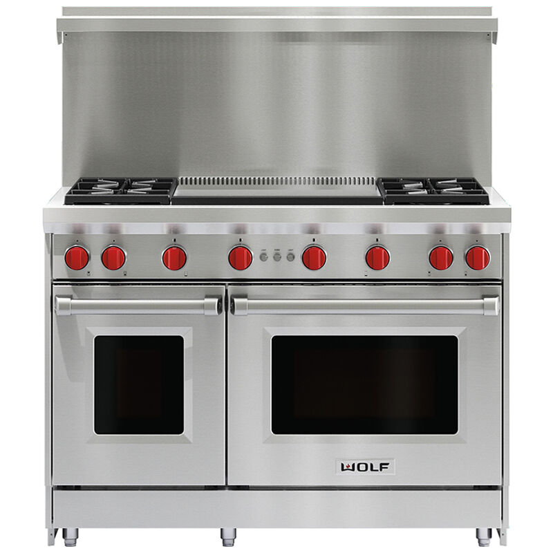 Wolf 48 in. 6.9 cu. ft. Standard Convection Double Oven Gas Range with 4 Sealed Burners & Griddle - Stainless Steel, , hires