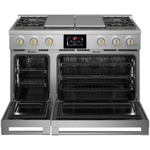 Monogram Statement Series 48 in. 8.2 cu. ft. Smart Air Fry True European Convection Double Oven Dual Fuel Range with 4 Sealed Burners, Grill & Griddle - Stainless Steel, , hires