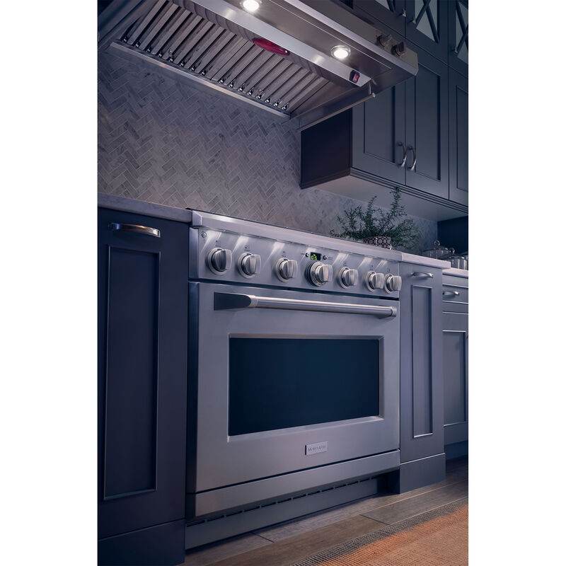 Monogram 36 in. Standard Style Range Hood with 4 Speed Settings, 510 CFM, Ducted Venting & 2 Halogen Lights - Stainless Steel, , hires