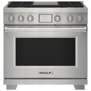 Wolf 36 in. 6.3 cu. ft. Smart Convection Oven Freestanding Dual Fuel Range with 4 Sealed Burners & Griddle - Stainless Steel, , hires