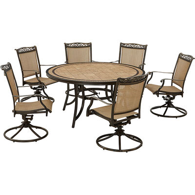 Hanover Fontana 7-Piece Outdoor Dining Set with 6 Sling Swivel Rockers and a Tile-Top Table | FNTDN7P6SWTN