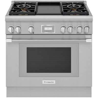 Thermador Pro Harmony Professional Series 36 in. 4.9 cu. ft. Smart Convection Oven Freestanding Dual Fuel Range with 4 Sealed Burners & Griddle - Stainless Steel | PRD364WDHU