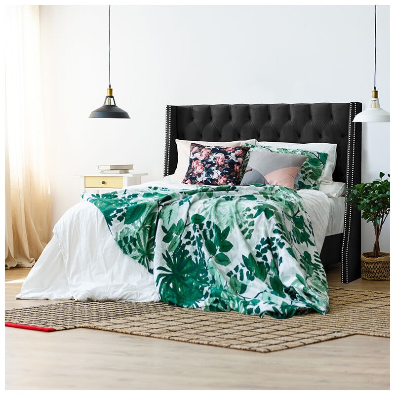 Skyline King Nail Button Tufted Wingback Bed in Velvet - Black, Black, hires