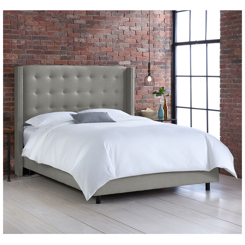 Skyline Full Nail Button Tufted Wingback Bed in Linen - Grey, Grey, hires
