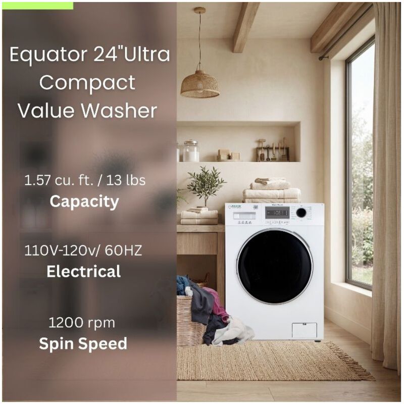 Equator Compact 24 in. 1.57 cu. ft. Stackable Front Load Washer with Pet & Sanitize Cycle - White, , hires