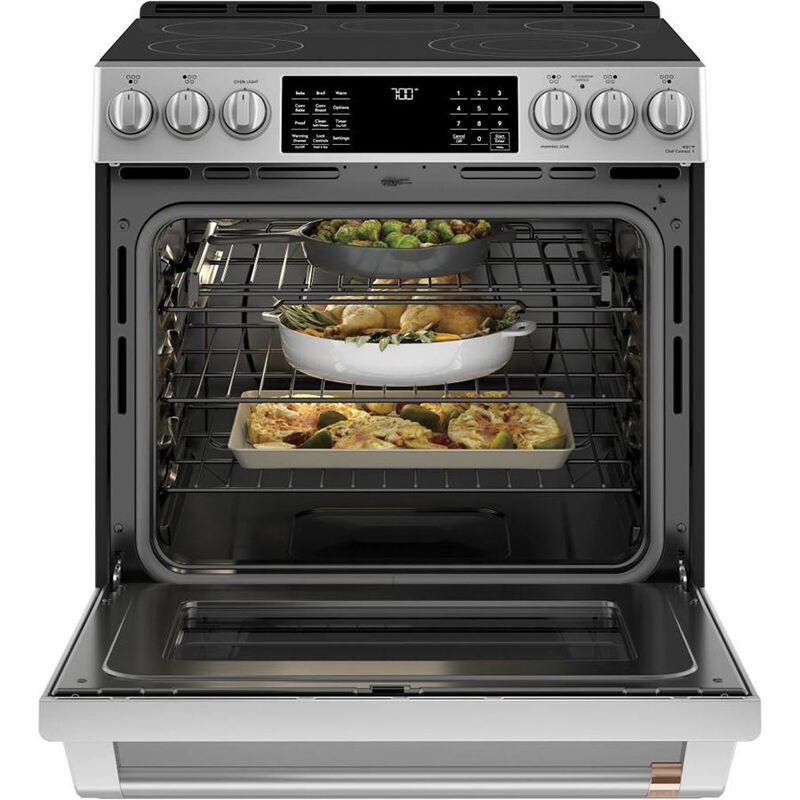 Cafe 30 in. 5.7 cu. ft. Smart Air Fry True European Convection Slide-In Electric Range with Smoothtop Burners - Stainless Steel, Stainless Steel, hires