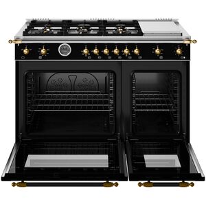 Bertazzoni Heritage Series 48 in. 7.1 cu. ft. Dual Convection Double Oven Gas Range with 6 Sealed Burners & Griddle - Matte Black, , hires