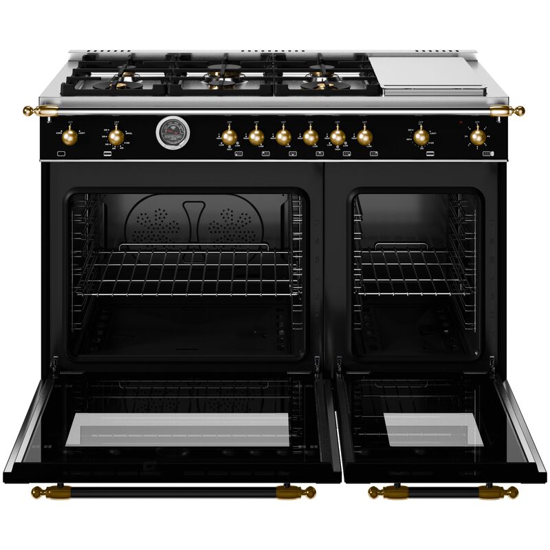 Bertazzoni Heritage Series 48 in. 7.1 cu. ft. Dual Convection Double Oven Gas Range with 6 Sealed Burners & Griddle - Matte Black, , hires