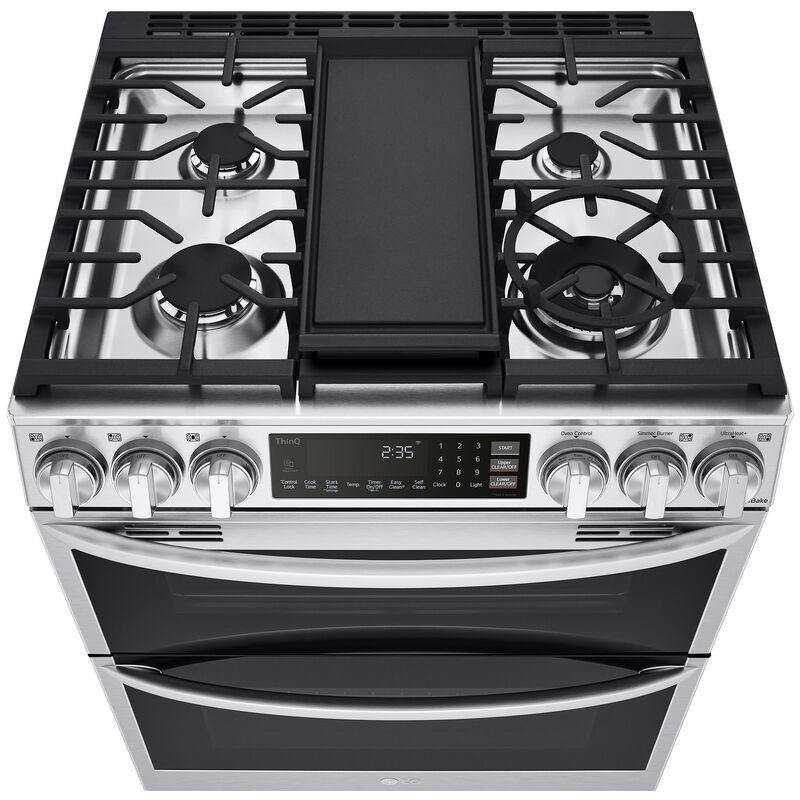 LG 30 in. 6.9 cu. ft. Smart Air Fry True European Convection Double Oven Slide-In Gas Range with 5 Sealed Burners & Griddle - PrintProof Stainless Steel, PrintProof Stainless Steel, hires