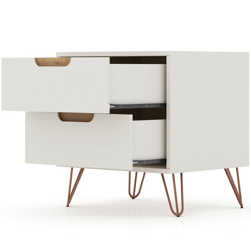 Manhattan Comfort Rockefeller Mid-Century Modern 2-Drawer Nightstand Off White/Natural, White, hires