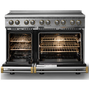 Viking 5 Series 48 in. 7.3 cu. ft. True European Convection Double Oven Electric Range with 6 Induction Burners - Stainless Steel - Brushed Brass Trim Option, , hires