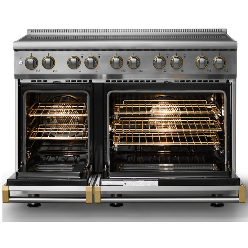 Viking 5 Series 48 in. 7.3 cu. ft. True European Convection Double Oven Electric Range with 6 Induction Burners - Stainless Steel - Brushed Brass Trim Option, , hires