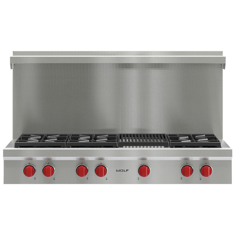 Wolf 48 in. 6-Burner Natural Gas Rangetop with Grill & Power Burner - Stainless Steel, , hires