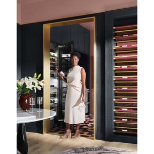 Signature Kitchen Suite Instaview 24 in. Built-in Smart Wine Cooler with Metal & Wood Racks, Multi-Temperature Zones & 113 Bottle Capacity - Custom Panel Ready, , hires