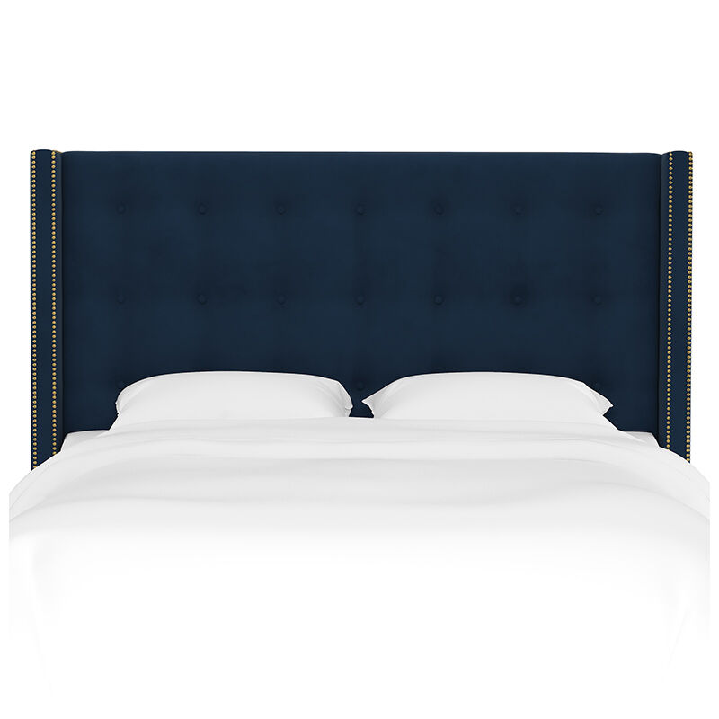 Skyline Twin Nail Button Tufted Wingback Headboard in Velvet - Ink, Blue, hires