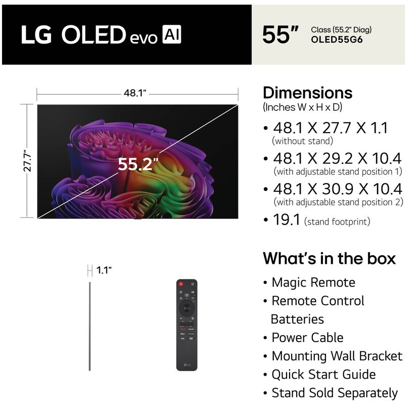 LG - 55" Class G6 Series OLED evo AI 4K UHD Smart webOS TV, , hires