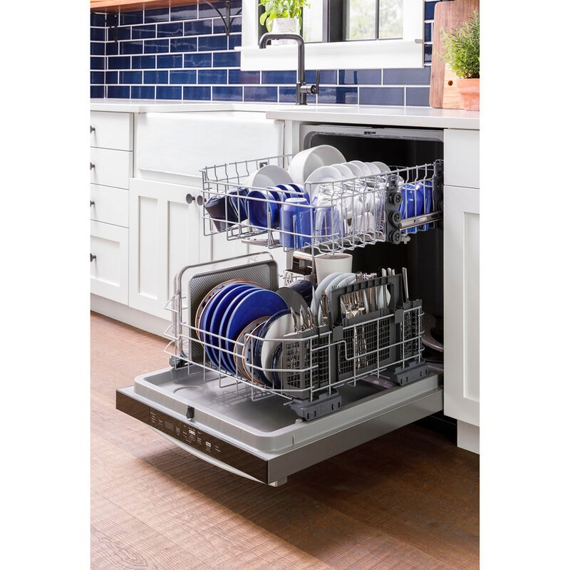 GE 24 in. Front Control Flush-Mount Dishwasher with 52 dBa Sound Level, Dry Boost & Pocket Handle - Stainless Steel, Stainless Steel, hires
