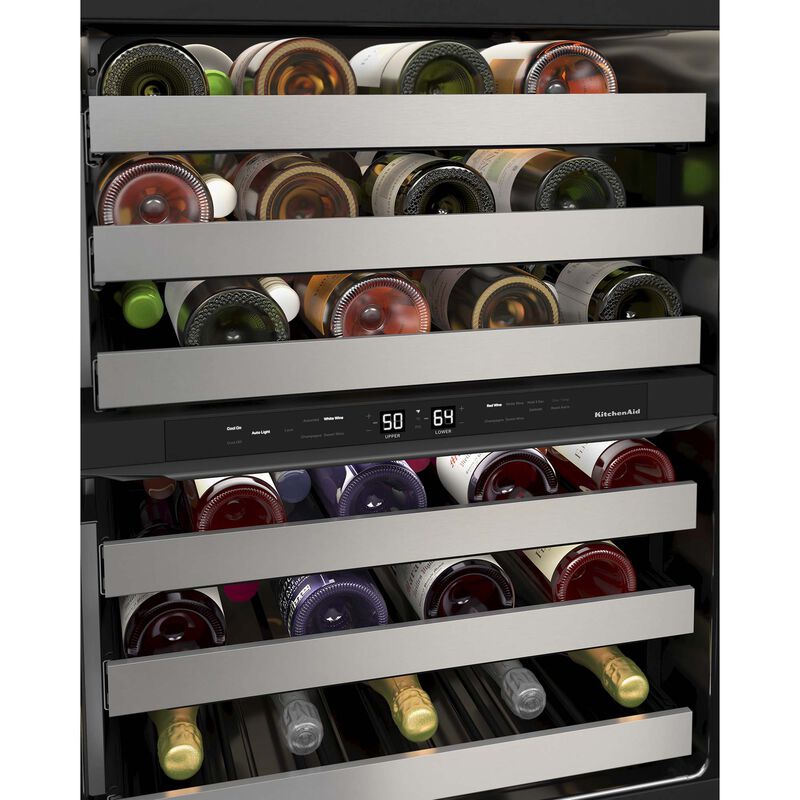 KitchenAid 24 in. Undercounter Wine Cooler with Metal Racks, Dual Temperature Zones & 46 Bottle Capacity - Black Stainless Steel, Black Stainless, hires