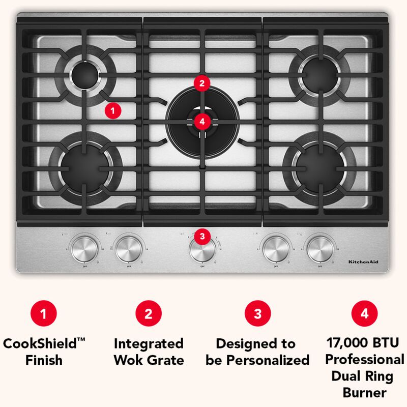 KitchenAid 30 in. 5-Burner Natural Gas Cooktop with Griddle, Simmer Burner & Power Burner - Stainless Steel, , hires
