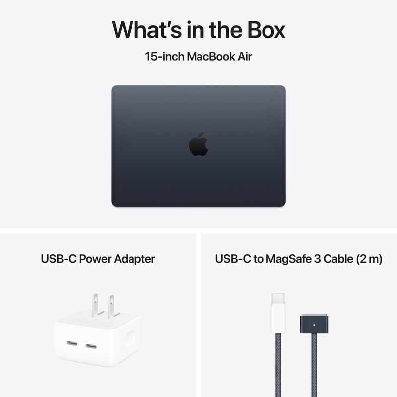 Apple MacBook Air (2025) 15.3 in. Notebook with Apple Intelligence, Apple M4 10-Core CPU, 10-Core GPU, 16 GB RAM, 512 GB SSD, up to 18 Hrs. of Battery Life & Mac OS - Midnight, , hires