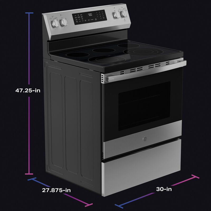 GE Profile 30 in. 5.3 cu. ft. Smart Air-Fry Standard Convection Electric Range with Radiant Burners - Fingerprint Resistant Stainless Steel, , hires