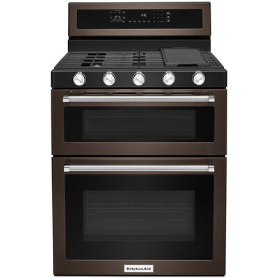 KitchenAid 30 in. 6.0 cu. ft. Convection Double Oven Freestanding Gas Range with 5 Sealed Burners - Black Stainless Steel | KFGD500EBS