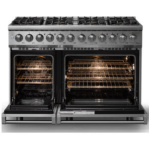 Viking 5 Series 48 in. 7.3 cu. ft. True European Convection Double Oven Dual Fuel Range with 8 Sealed Burners - Stainless Steel - Liquid Propane Gas, Polished Chrome Trim Option, , hires