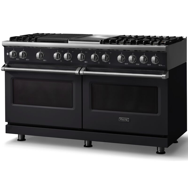 Viking 5 Series 60 in. 9.4 cu. ft. True European Convection Double Oven Dual Fuel Range with 6 Sealed Burners, Grill & Griddle - Onyx - Natural Gas, Polished Chrome Trim Option, , hires