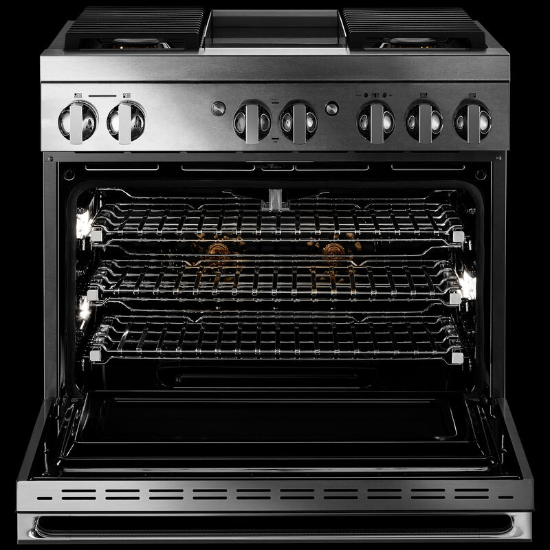 JennAir Noir Series 36 in. 5.1 cu. ft. Smart True European Convection Dual Fuel Range with 4 Sealed Burners & Griddle - Stainless Steel, , hires