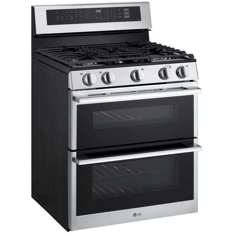 LG 30 in. 6.9 cu. ft. Smart Air-Fry True European Convection Double Oven Slide-In Gas Range with 5 Sealed Burners - Stainless Steel, , hires
