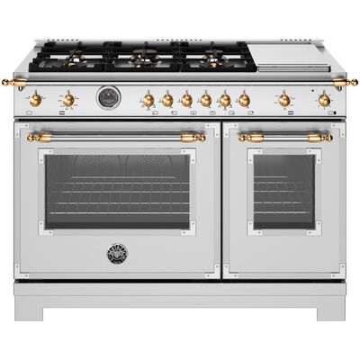 Bertazzoni Heritage Series 48 in. 7.1 cu. ft. Dual Convection Double Oven Gas Range with 6 Sealed Burners & Griddle - Stainless Steel | HER486BTGMXG