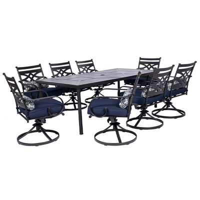 Hanover Montclair 9-Piece Dining Set with 8 Swivel Rockers and a 42" x 84" Table - Navy/Brown | MCLRDN9PC42N