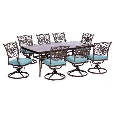 Hanover Traditions 9-Piece Glass-Top Dining Set with Swivel Rockers-Blue | TRADDN9SWGBL