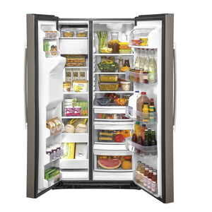 GE 36 in. 25.1 cu. ft. Side-by-Side Refrigerator with External Ice & Water Dispenser - Slate, Slate, hires