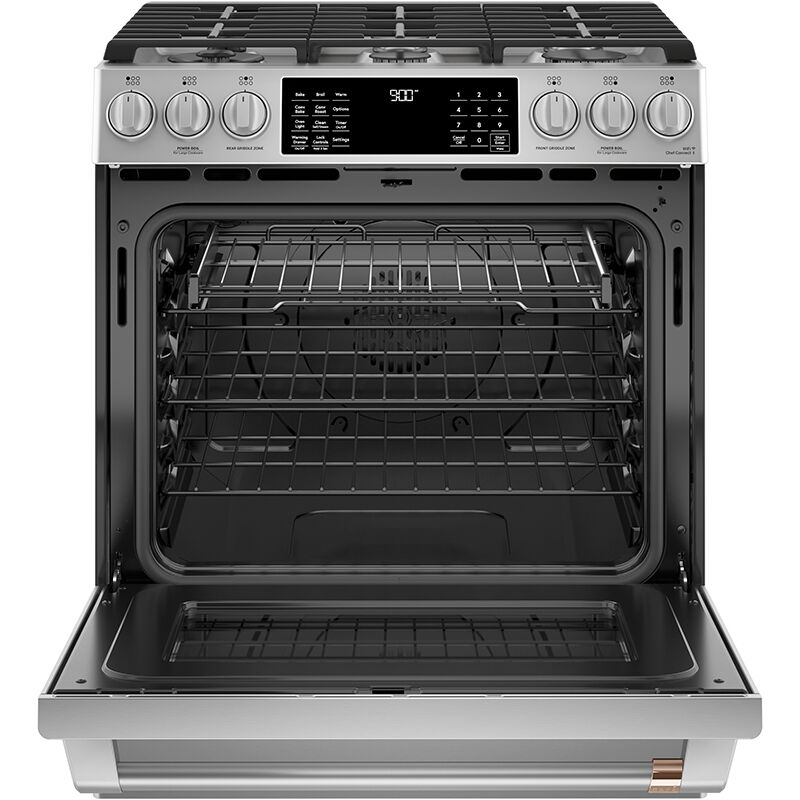 Cafe 30 in. 5.7 cu. ft. Smart Air Fry True European Convection Slide-In Dual Fuel Range with 6 Sealed Burners & Griddle - Stainless Steel, , hires