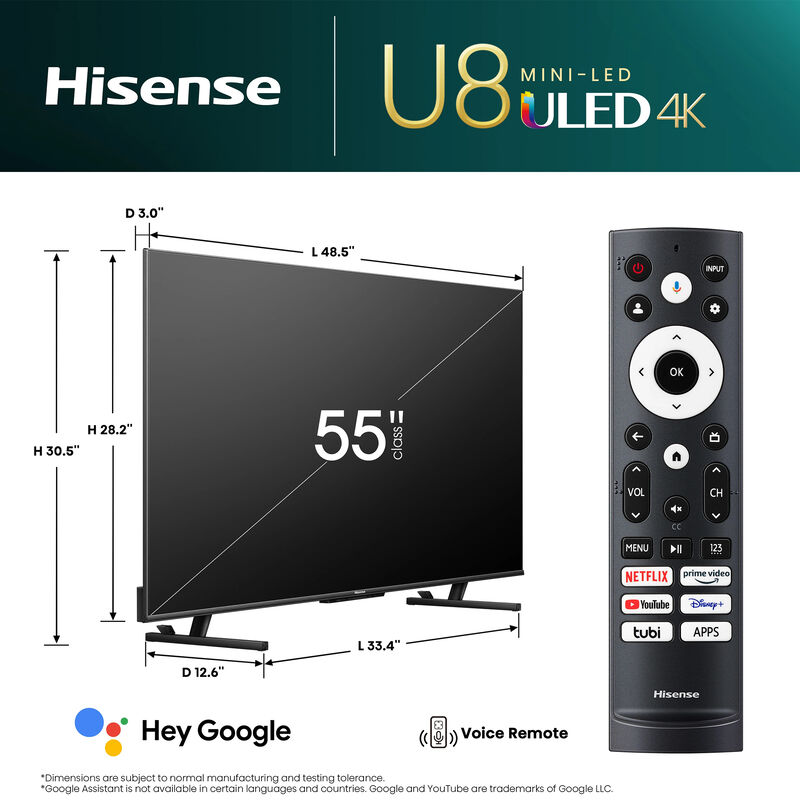 Hisense - 55" Class U8 Series ULED Mini-LED 4K UHD Smart Google TV, , hires